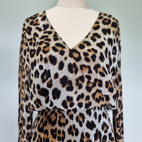 Witchery Multicolour Leopard Print Deep V-Neck Balloon Sleeve Midi Dress Size 12 - Picture 6 of 11